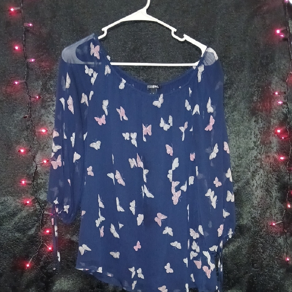 Roz & Ali Navy Butterfly Print Blouse